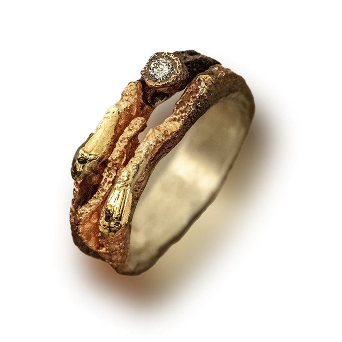 Anello in Bronzo, Argento, Gocce d'Oro e Diamante Pilgiò Milano